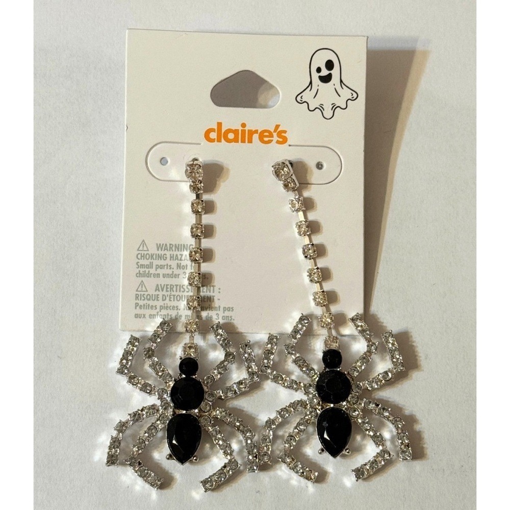 Halloween Silver & Black Bejeweled Rhinestone Spider‎ Drop Dangle Earrings Goth